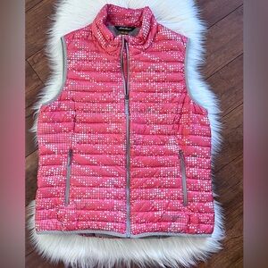 Eddie Bauer Coral Orange & Gray Print Travex EB700 Down Puffer Vest Jacket -Sz L
